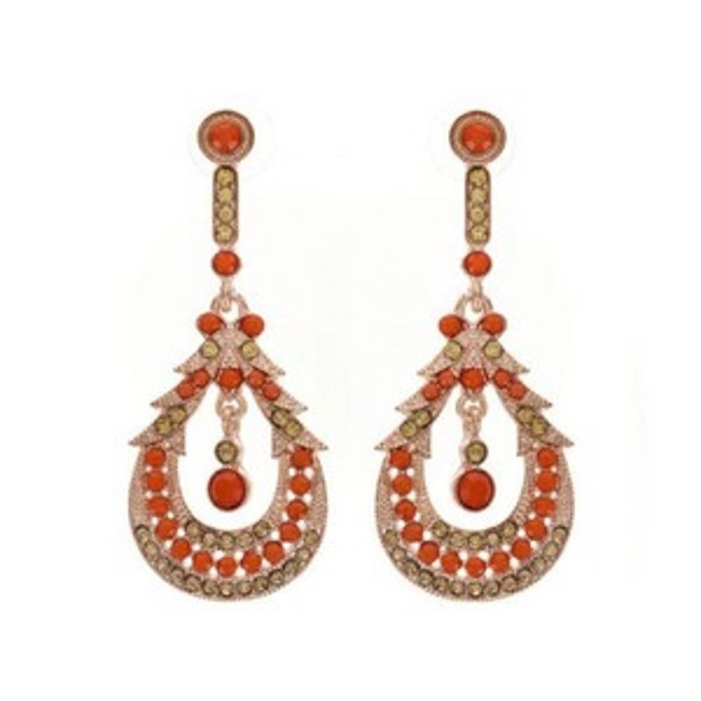 Boho Rose Tone Champagne Crystal Coral Resin Pierced Drop Earrings